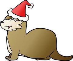 cartone animato sfumato di lontra che ride di un cappello da Babbo Natale da portare vettore