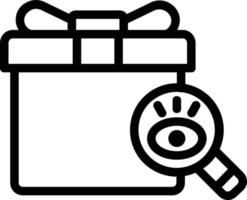 immagine di un'icona di un pacchetto regalo con una lente d'ingrandimento e un occhio che simboleggia il processo di ricerca di un pacchetto regalo. vettore