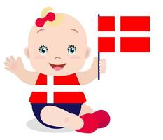 bambino sorridente, ragazza che tiene una bandiera della Danimarca isolata su sfondo bianco. mascotte dei cartoni animati di vettore. illustrazione delle vacanze al giorno del paese, giorno dell'indipendenza, giorno della bandiera. vettore