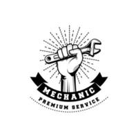 design del logo distintivo meccanico in stile retrò. modello di progettazione logo idraulico vettore