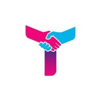 logo della stretta di mano isolato sull'alfabeto della lettera t. partenariato commerciale e design del logo sindacale vettore