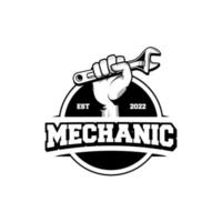 design del logo distintivo meccanico in stile retrò. modello di progettazione logo idraulico vettore