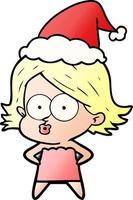 cartone animato sfumato di una ragazza imbronciata che indossa il cappello di Babbo Natale vettore