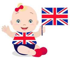 bambino sorridente, ragazza con una bandiera del Regno Unito isolata su sfondo bianco. mascotte dei cartoni animati di vettore. illustrazione delle vacanze al giorno del paese, giorno dell'indipendenza, giorno della bandiera. vettore
