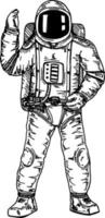 astronauta disegnato a mano con vetro nero sul casco. astronauta. astronauta con la mano alzata in segno di saluto. schizzo vettore
