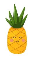 weba felice frutta ananas con un simpatico viso kawaii, un divertente personaggio vegetariano, un'illustrazione per un poster per bambini e un design di t-shirt estiva isolato su bianco vettore