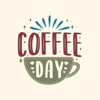giornata internazionale del caffè. logotipo vettoriale disegnato a mano con scritte e cappuccino con sfondo.