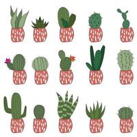 impostare simpatici cactus doodle in vasi rosa. illustrazione vettoriale con piante da interno carine. set di 15 piante