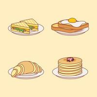 impostare il menu del cibo per la colazione in stile cartone animato piatto vettore