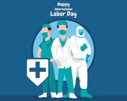 illustrazione grafica vettoriale di tre personale medico in piedi insieme, perfetto per la festa del lavoro, medico, farmacia, vacanze, biglietto di auguri, ecc.