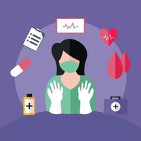 illustrazione grafica vettoriale di infermiera che indossa guanti, accompagnata da attrezzature mediche, perfetta per uso medico, sano, ospedale, farmacia, ecc