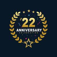 22 design per la celebrazione dell'anniversario, lussuoso design per l'anniversario di 22 anni di colore dorato. vettore