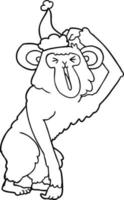 disegno a tratteggio di uno scimpanzé che si gratta la testa con il cappello di Babbo Natale vettore