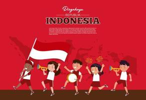 un gruppo di bambini indonesiani sta suonando musica e uno di loro tiene in mano la bandiera indonesiana con lo sfondo dell'arcipelago indonesiano per commemorare il giorno dell'indipendenza dell'Indonesia. vettore