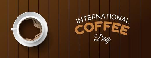 design banner giornata internazionale del caffè con sfondo in legno. illustrazione vettoriale