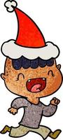 cartone animato testurizzato di un ragazzo felice che ride e scappa indossando il cappello di Babbo Natale vettore
