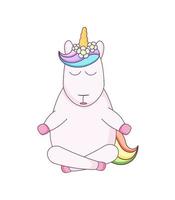 unicorno simpatico cartone animato seduto in asana yoga vettore