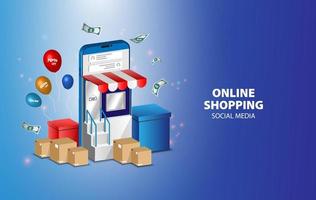 negozio di shopping online con elementi mobili, carte di credito ed elementi del negozio. illustrazione vettoriale. vettore