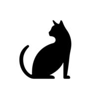 gatto nero con l'icona della siluetta della coda. simpatico gattino seduto glifo pittogramma. simbolo piatto semplice del gattino dell'animale domestico. micio animale mammifero. logo veterinario vista laterale profilo gatto. illustrazione vettoriale isolata.