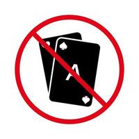 vietare il pittogramma di carte da gioco. mazzo di carte da gioco proibito. vietare l'icona della siluetta nera del poker reale. simbolo del cerchio rosso di arresto del gioco d'azzardo del casinò. non è consentito giocare a segno di black jack. illustrazione vettoriale isolata.