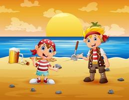fumetto illustrazione di due bambini pirata in spiaggia vettore