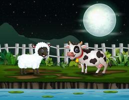 cartone animato di animali da fattoria che giocano in riva al lago di notte vettore