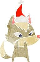 timido cartone animato retrò di un lupo che indossa il cappello di Babbo Natale vettore