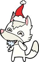 disegno a tratteggio di un lupo affamato che indossa il cappello di Babbo Natale vettore