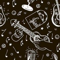 modello senza cuciture di elementi musicali, doodle disegnato a mano. ukulele. microfono. piccola chitarra. un disco in vinile. un colpo. note volanti. musica. ispirazione. diteggiatura. sfondo bianco e nero vettore