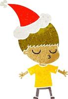 cartone animato retrò di un ragazzo calmo che indossa il cappello di Babbo Natale vettore