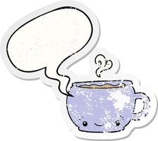 cartone animato caldo tazza di caffè e fumetto adesivo afflitto vettore