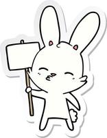adesivo di un curioso cartone animato coniglietto con cartello vettore