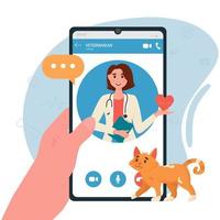 appuntamento dal medico veterinario. consulenza veterinaria online. cura degli animali domestici, diagnosi medica degli animali, applicazione mobile. illustrazione vettoriale piatta