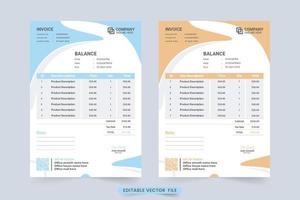 vettore di layout di cancelleria aziendale e ricevuta di cassa con forme astratte. modello di fattura aziendale digitale con colori arancioni e blu. contratto di pagamento e modello di fattura per le imprese.