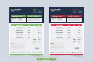 design creativo del modello di fattura con colori verde e rosso. vettore di carta di fatturazione dell'ordine commerciale con sezione del contratto di pagamento. ricevuta di pagamento e vettore modello fattura fattura con forme moderne.