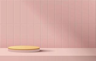 sfondo cosmetico e podio premium sul tavolo con scena di parete in piastrelle rosa e display per il marchio di presentazione del prodotto e la presentazione dell'imballaggio. disegno vettoriale in studio