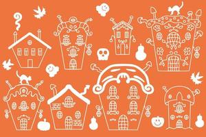 banner di halloween con case spettrali, zucche, gatti, pipistrelli e fantasmi. vettore