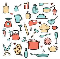 set di utensili da cucina scarabocchi colorati. collezione di icone di cucina isolata su sfondo bianco. illustrazione vettoriale per menu del ristorante, ricettario e carta da parati.