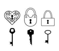 lucchetto e icone chiave impostate. serratura chiusa con ornamento isolato su sfondo bianco vettore