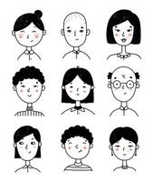 set di facce di persone carine in stile doodle. ritratti di giovani ragazze e ragazzi felici isolati su sfondo bianco. perfetto per i social media, avatars.vector illustrazione disegnata a mano di personaggi dei cartoni animati vettore