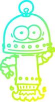 linea a gradiente freddo che disegna robot felice del cartone con la lampadina vettore