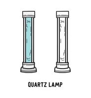 lampada al quarzo con radiazione blu ultravioletta, icona della lampadina del tubo di mercurio, illustrazione lineare vettoriale in stile doodle disegnato a mano