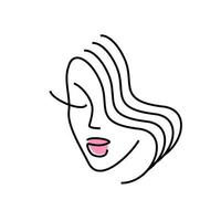 logo per il trucco. icona del salone di bellezza. ragazza del viso minimalista. illustrazione vettoriale di linee sottili. concetto - cosmetologia e cura dei capelli. labbra e ciglia - trucco permanente