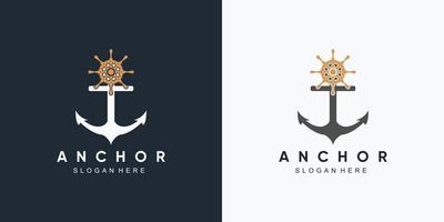 modello di progettazione del logo dell'icona della ruota della nave e della marina di ancoraggio con elemento creativo vettore