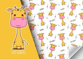 simpatico personaggio giraffa cartone animato. carta per bambini e motivo di sfondo senza soluzione di continuità. illustrazione vettoriale di design disegnato a mano.