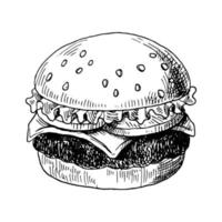 hamburger disegnato a mano, schizzo a inchiostro, illustrazione vettoriale di fast food