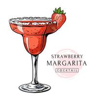 cocktail di margarita alla fragola, bevanda alcolica disegnata a mano con bacche e sale. illustrazione vettoriale