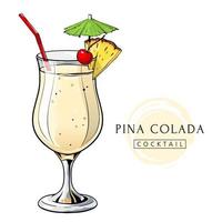 cocktail di pina colada, bevanda alcolica disegnata a mano con fetta di ananas e ciliegia. Illustrazione vettoriale su sfondo bianco