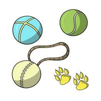 un set di icone e adesivi, giocattoli di gomma per cani, una palla su una corda, un'illustrazione vettoriale in stile cartone animato su sfondo bianco.