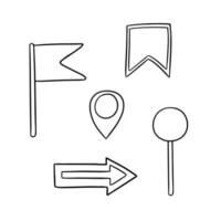 set monocromatico di icone, indicatori per una mappa per viaggiatori, presentazioni, illustrazione vettoriale in stile cartone animato su sfondo bianco